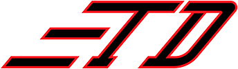 The image is a graphic logo consisting of the letters "TD" in a bold, italicized font. The letters are red with a metallic or chrome effect and are outlined by a black border. 