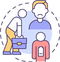 The image is a stylized illustration featuring three figures to represent different work-related conditions. The central figure is standing upright in a blue shirt, with a neutral expression and hands by their sides, possibly signifying a standard employee or office worker. To the left, there's a figure bending forward, carrying a briefcase, in a posture that suggests fatigue or burden, potentially symbolizing overwork or physical labor.